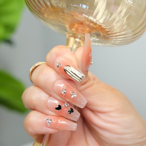 tipsy | Handmade Press On Nails | Coffin Medium | Little Black Hearts - Picture 13 of 16